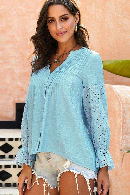Crochet Flounce Sleeve Button Up Blouse - Trendsi - Flyclothing LLC