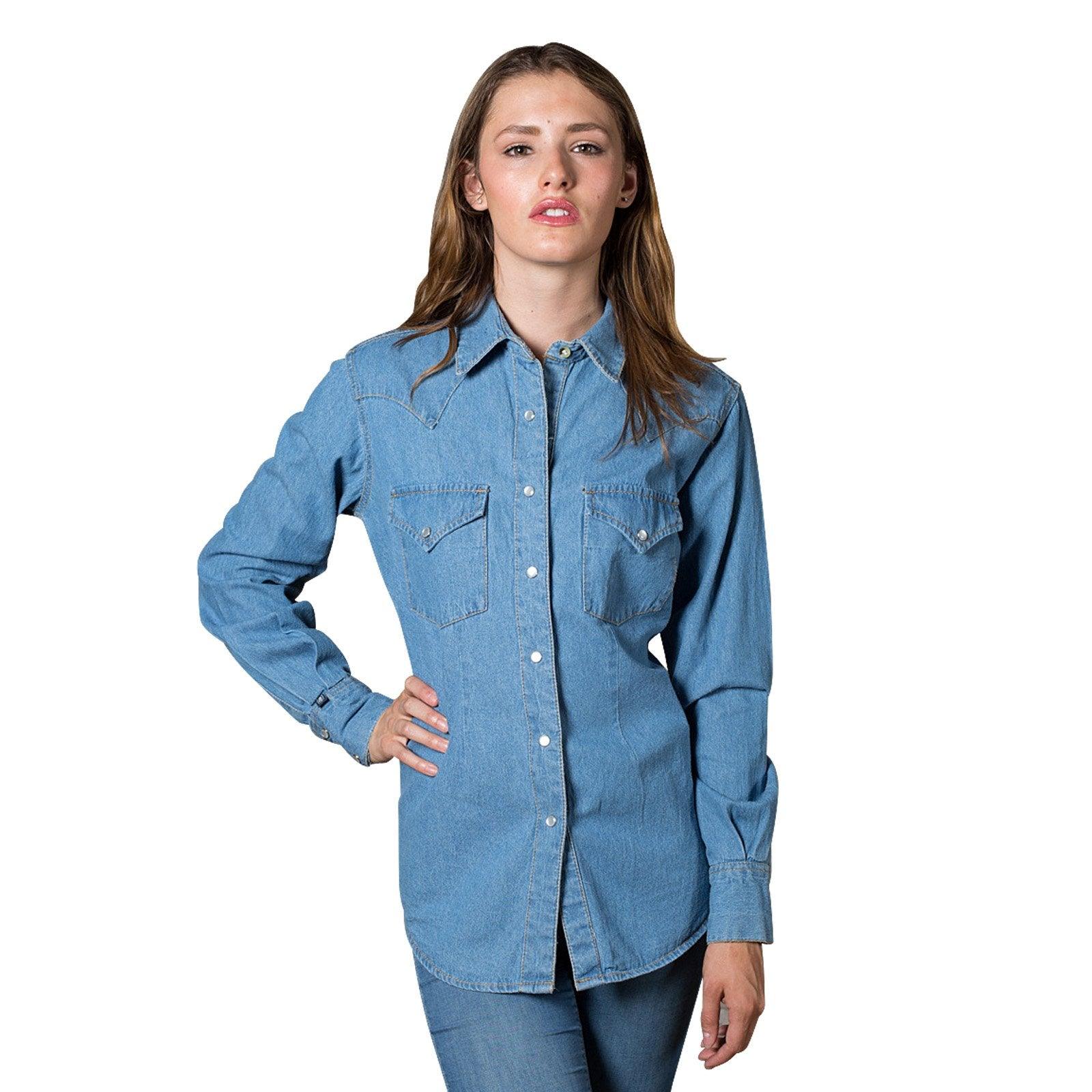 Women's Stonewashed Denim Classic Western Shirt - Flyclothing LLC