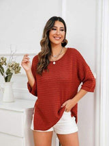 Rolled Round Neck Dropped Shoulder Slit Sweater - Trendsi - Flyclothing LLC