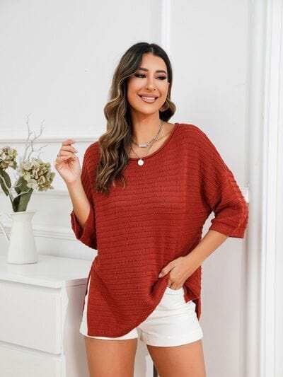 Rolled Round Neck Dropped Shoulder Slit Sweater - Trendsi - Flyclothing LLC