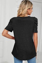 Heathered V-Neck Puff Sleeve T-Shirt - Trendsi - Flyclothing LLC