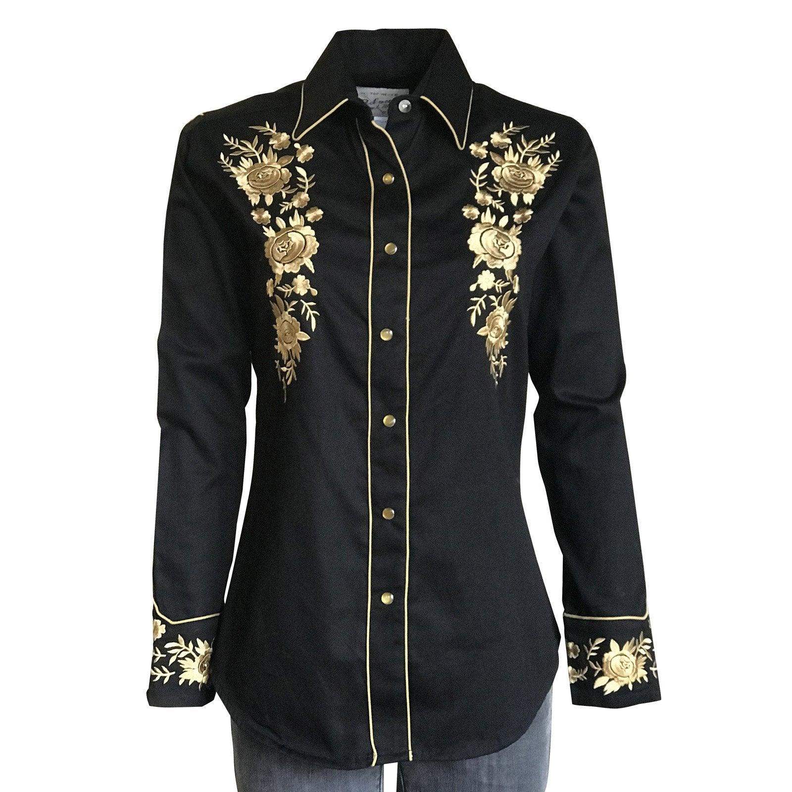 Women's Vintage Cascading Floral Embroidery Black Western Shirt - Rockmount Clothing - Flyclothing LLC