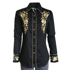 Women's Vintage Cascading Floral Embroidery Black Western Shirt - Flyclothing LLC