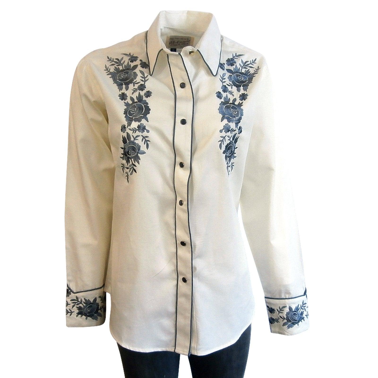 Women's Vintage Cascading Floral Embroidery Ivory Western Shirt - Flyclothing LLC