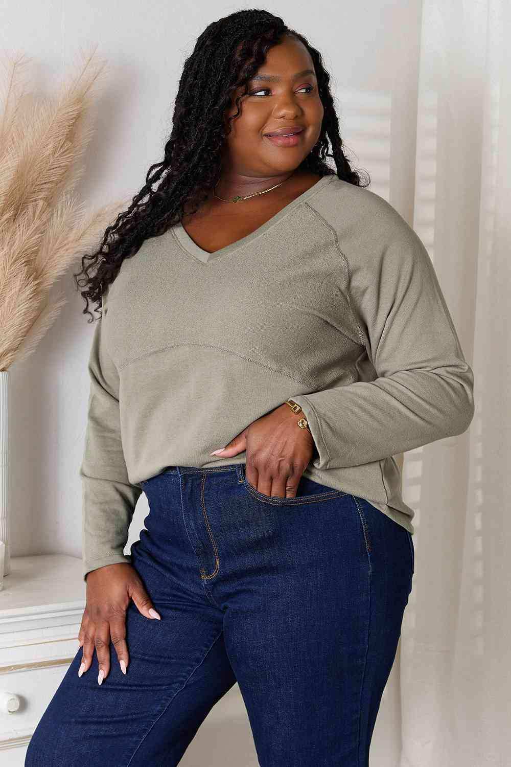 Culture Code Full Size V-Neck Long Sleeve T-Shirt - Trendsi - Flyclothing LLC