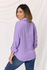 Zenana Texture Button Up Raw Hem Long Sleeve Shirt - Trendsi - Flyclothing LLC
