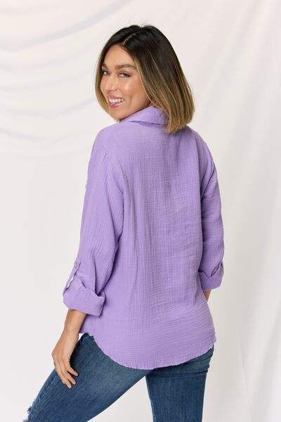 Zenana Texture Button Up Raw Hem Long Sleeve Shirt - Trendsi - Flyclothing LLC