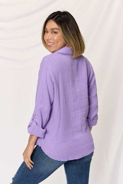 Zenana Texture Button Up Raw Hem Long Sleeve Shirt - Trendsi - Flyclothing LLC