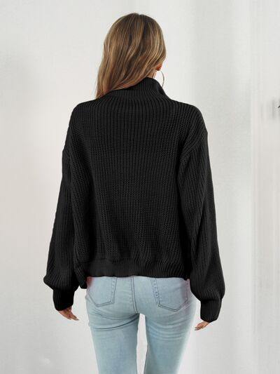 Turtleneck Zip Up Long Sleeve Knit Top - Flyclothing LLC