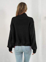 Turtleneck Zip Up Long Sleeve Knit Top - Trendsi - Flyclothing LLC