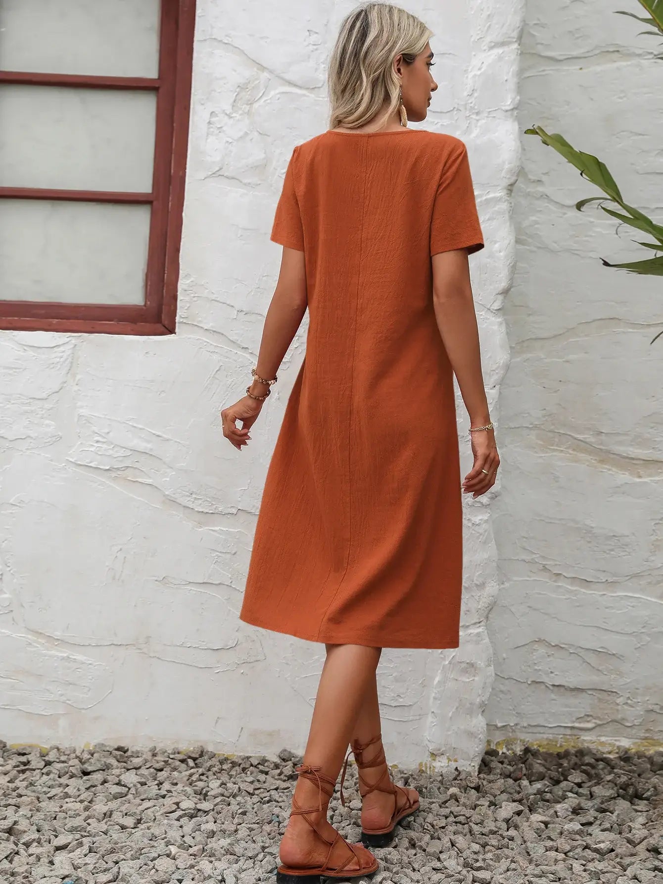 Round Neck Short Sleeve Dress with Pockets - Trendsi - Flyclothing LLC