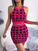 Houndstooth Sleeveless Top and Skirt Sweater Set - Trendsi - Flyclothing LLC