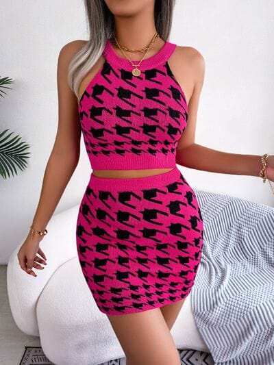 Houndstooth Sleeveless Top and Skirt Sweater Set - Trendsi - Flyclothing LLC