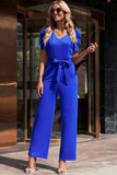 Belted Puff Sleeve V-Neck Jumpsuit - Trendsi