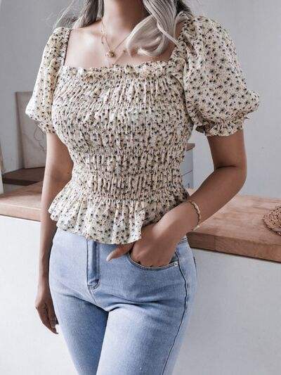 Frill Smocked Square Neck Short Sleeve Blouse - Trendsi - Flyclothing LLC