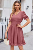 Swiss Dot Frill Trim Flounce Sleeve V-Neck Dress - Trendsi - Flyclothing LLC