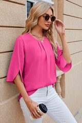 Round Neck Slit Half Sleeve Top - Trendsi