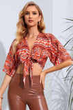 Printed Tie Front Cropped Dolman Sleeve Blouse - Trendsi - Flyclothing LLC