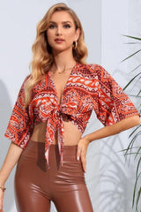 Printed Tie Front Cropped Dolman Sleeve Blouse - Trendsi