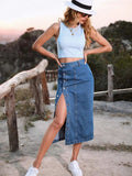 Button Down Denim Skirt - Trendsi - Flyclothing LLC