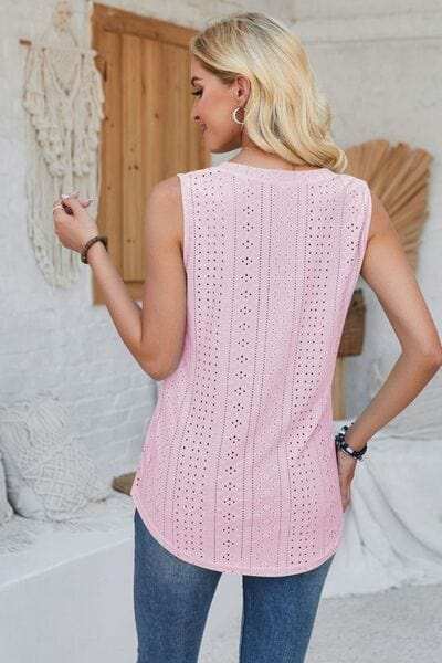Eyelet Decorative Button V-Neck Tank - Trendsi - Flyclothing LLC