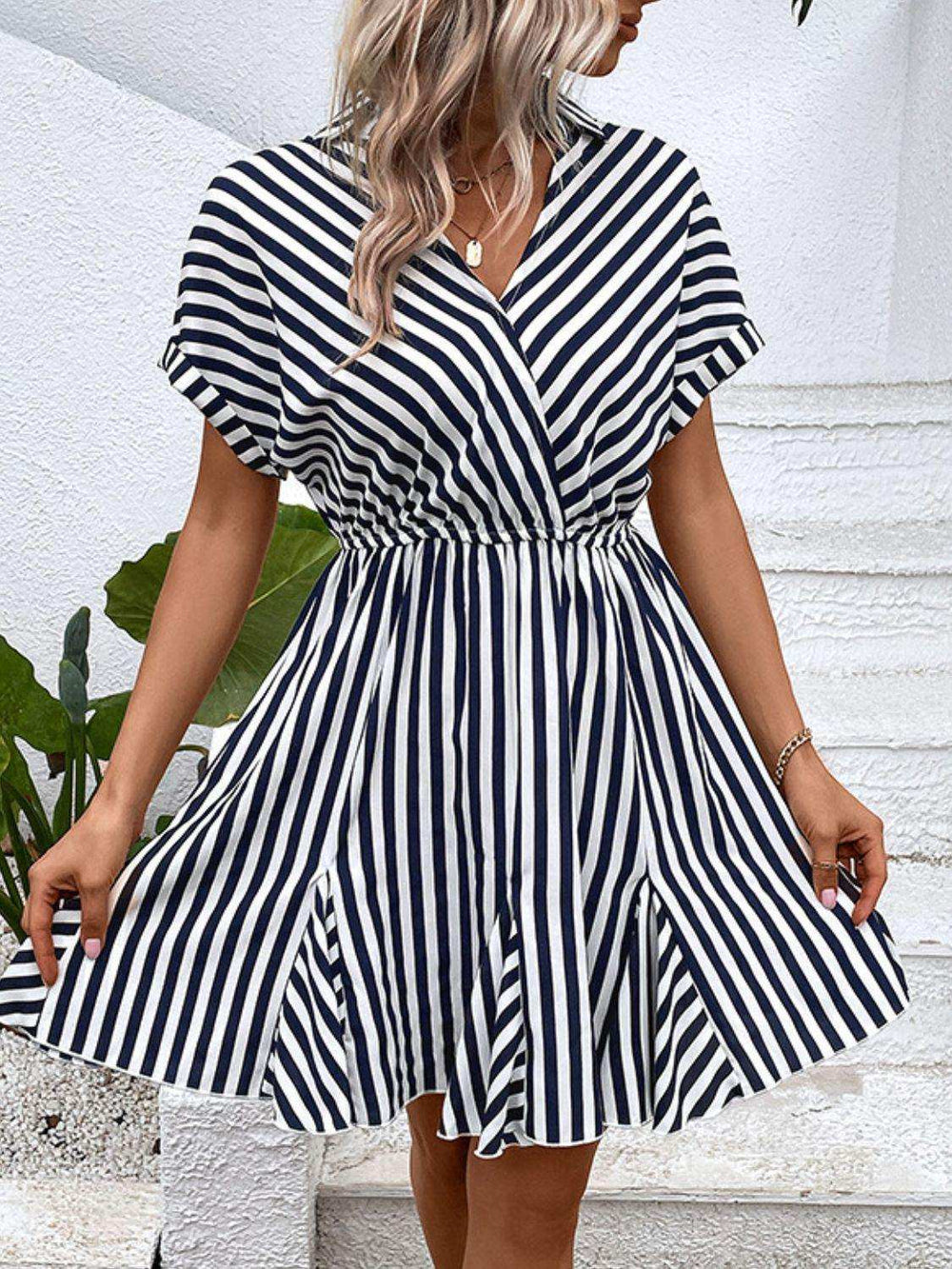 Striped Johnny Collar Mini Dress - Trendsi - Flyclothing LLC
