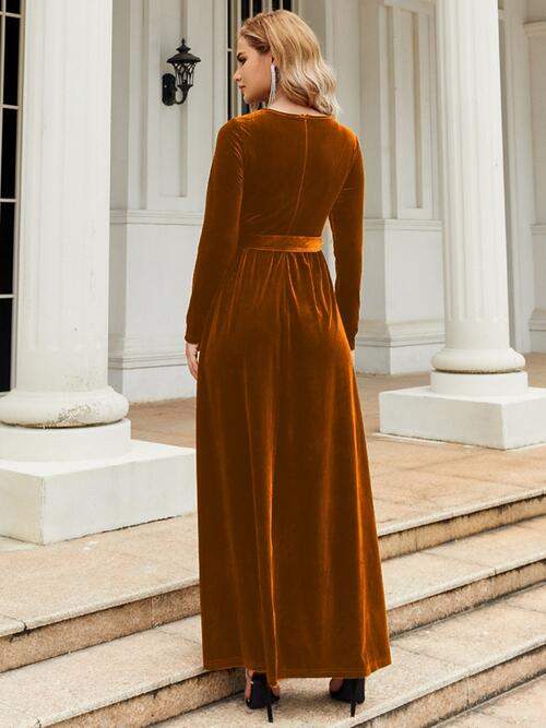 Tie Front Round Neck Long Sleeve Maxi Dress - Trendsi - Flyclothing LLC