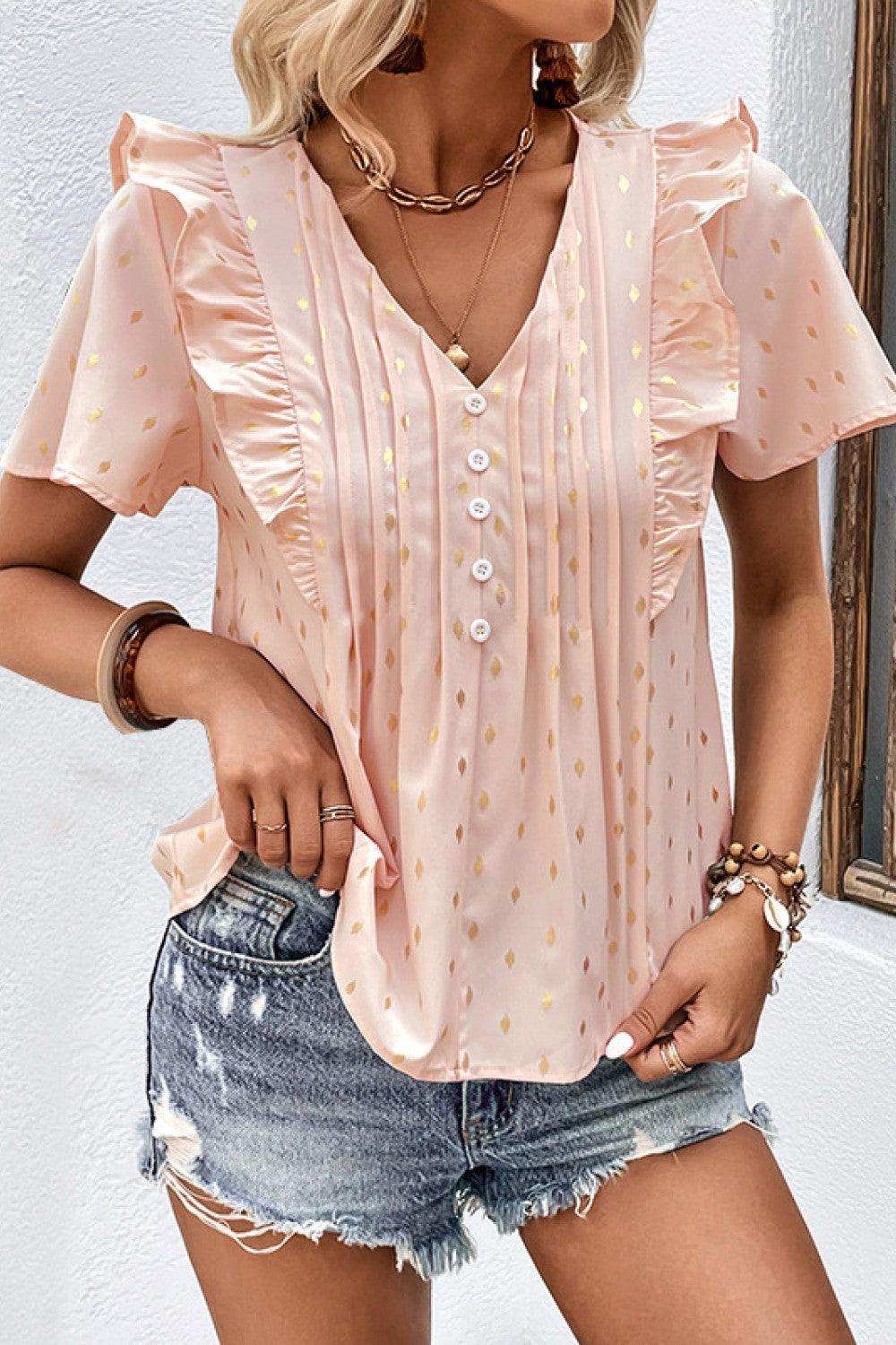 Printed Ruffle Trim Pleated Detail Blouse - Trendsi - Flyclothing LLC
