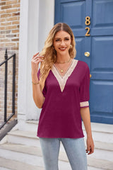 Printed Contrast V-Neck Tee - Trendsi - Flyclothing LLC