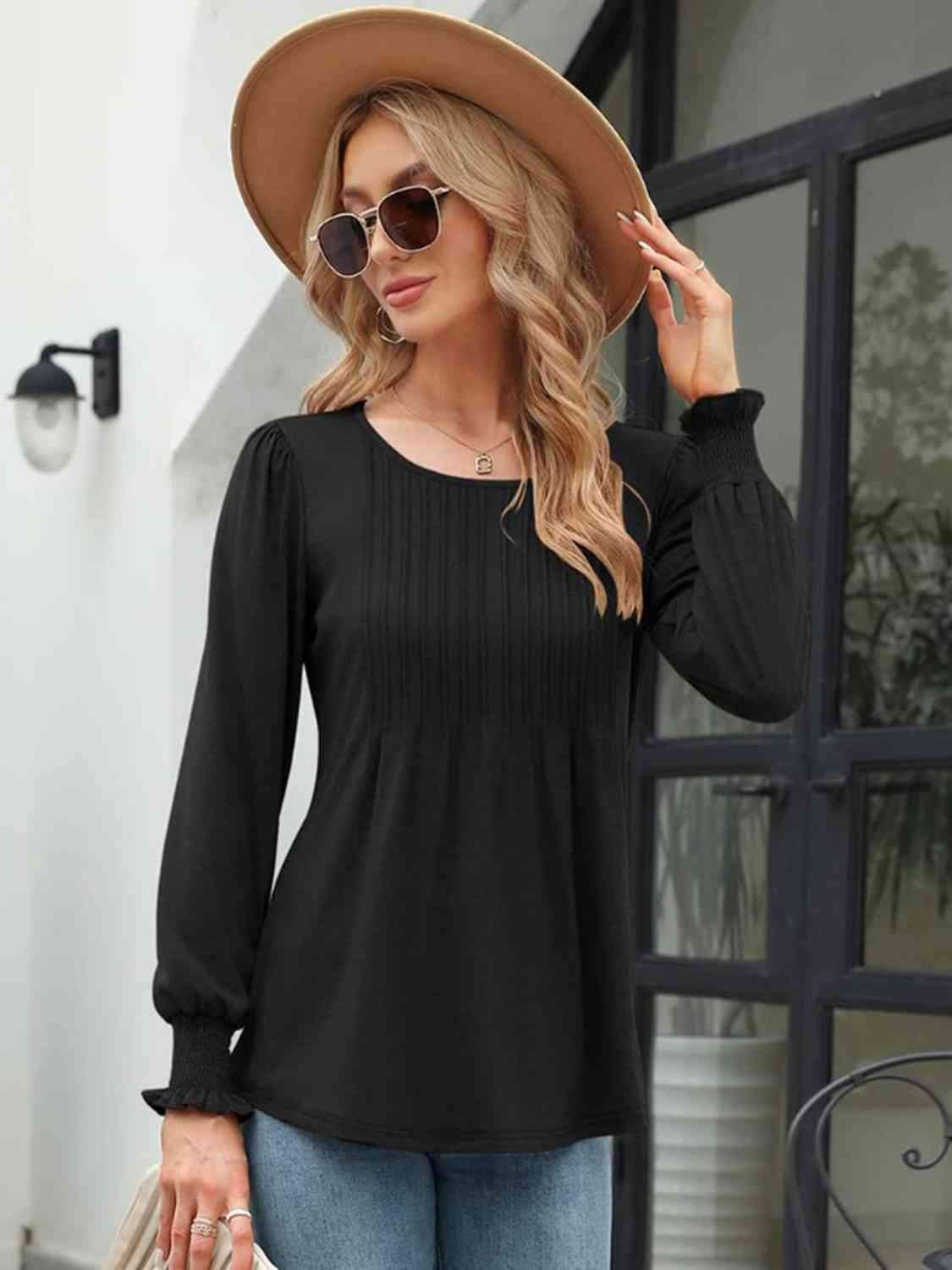 Smocked Round Neck Lantern Sleeve Blouse - Trendsi - Flyclothing LLC
