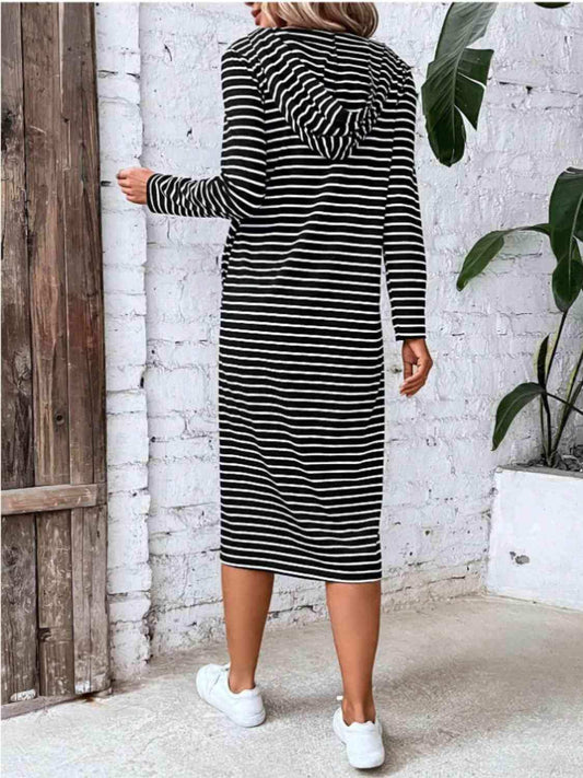 Striped Zip Front Hooded Dress - Trendsi - Flyclothing LLC