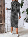 Striped Zip Front Hooded Dress - Trendsi