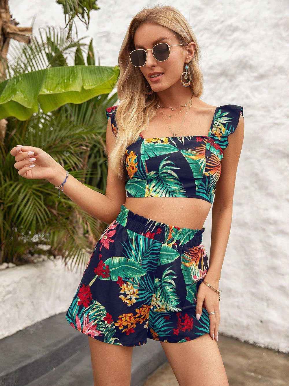 Printed Square Neck Top and Shorts Set - Trendsi - Flyclothing LLC