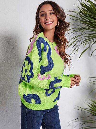 Flower Pattern Round Neck Long Sleeve Sweater - Trendsi