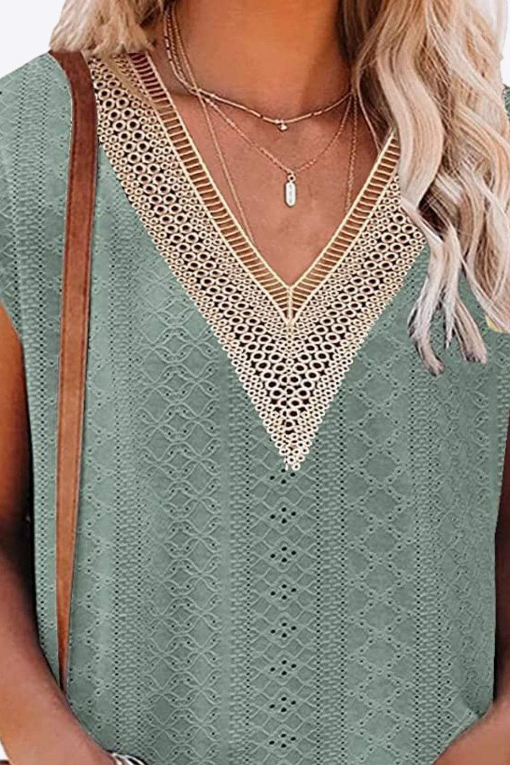Eyelet Contrast V-Neck Tee - Trendsi - Flyclothing LLC