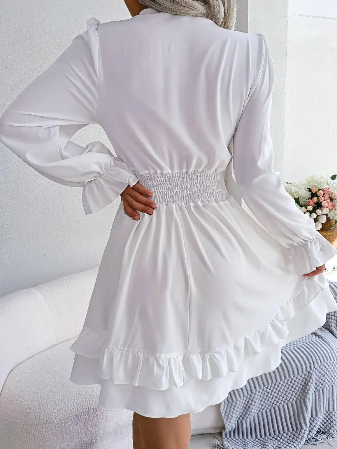 Tie Front Smocked Waist Flounce Sleeve Dress - Trendsi - Flyclothing LLC
