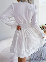 Tie Front Smocked Waist Flounce Sleeve Dress - Trendsi - Flyclothing LLC