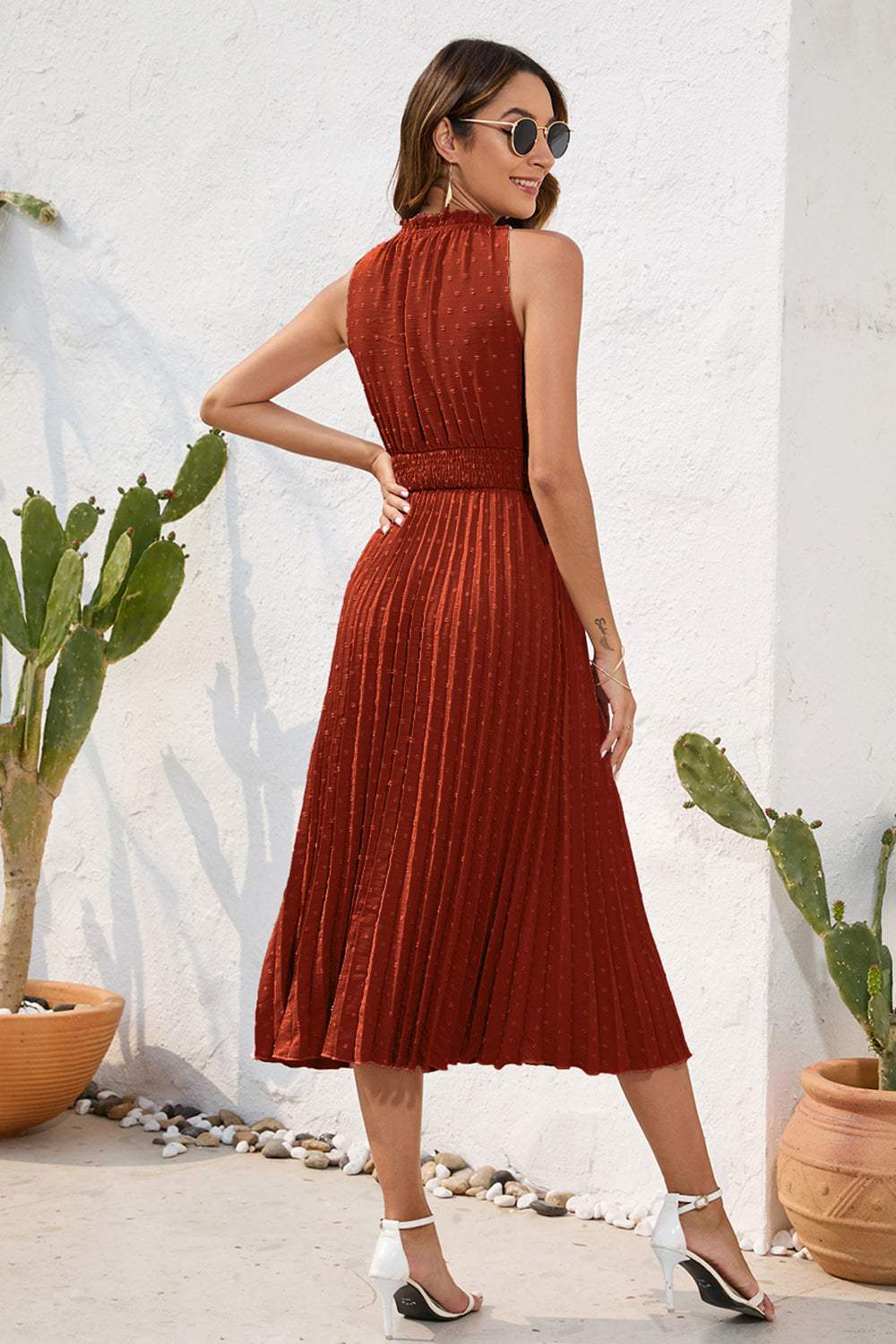 Swiss Dot Tie Neck Sleeveless Dress - Trendsi - Flyclothing LLC