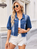 Distressed Raw Hem Button Up Denim Jacket - Trendsi