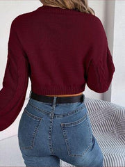 Cable-Knit Round Neck Cropped Sweater - Trendsi