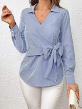 Bow Tie Waist Johnny Collar Neck Striped Blouse - Trendsi - Flyclothing LLC