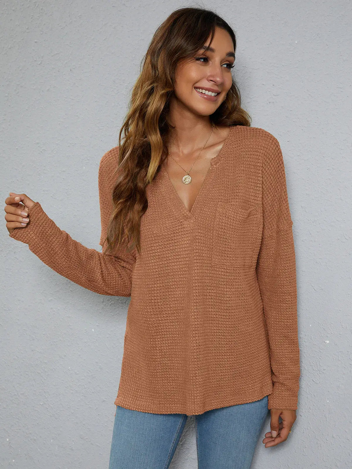 Dropped Shoulder High-Low Waffle-Knit Top - Trendsi - Flyclothing LLC