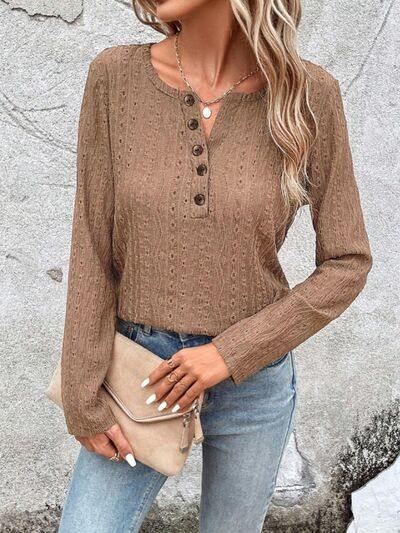 Openwork Half Button Long Sleeve Blouse - Trendsi