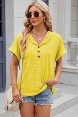 Eyelet Drawstring Hooded Short Sleeve Blouse - Trendsi - Flyclothing LLC