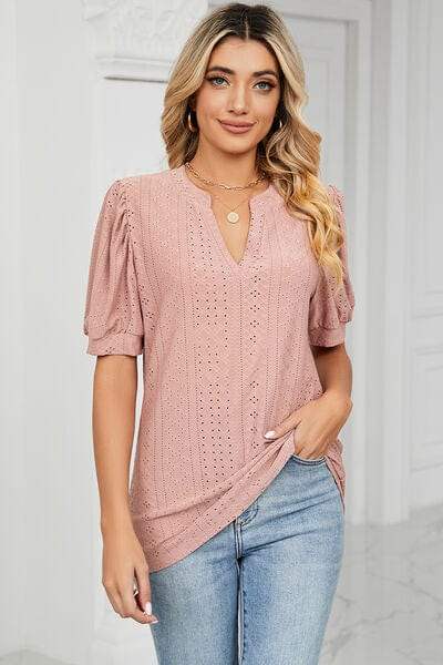Eyelet Notched Short Sleeve T-Shirt - Trendsi - Flyclothing LLC