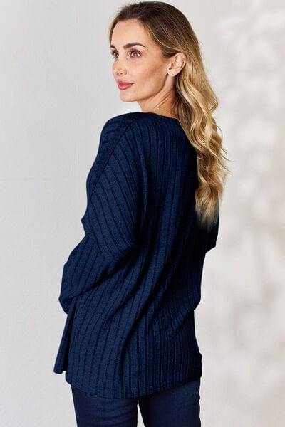 Basic Bae Full Size Ribbed Half Button Long Sleeve T-Shirt - Trendsi