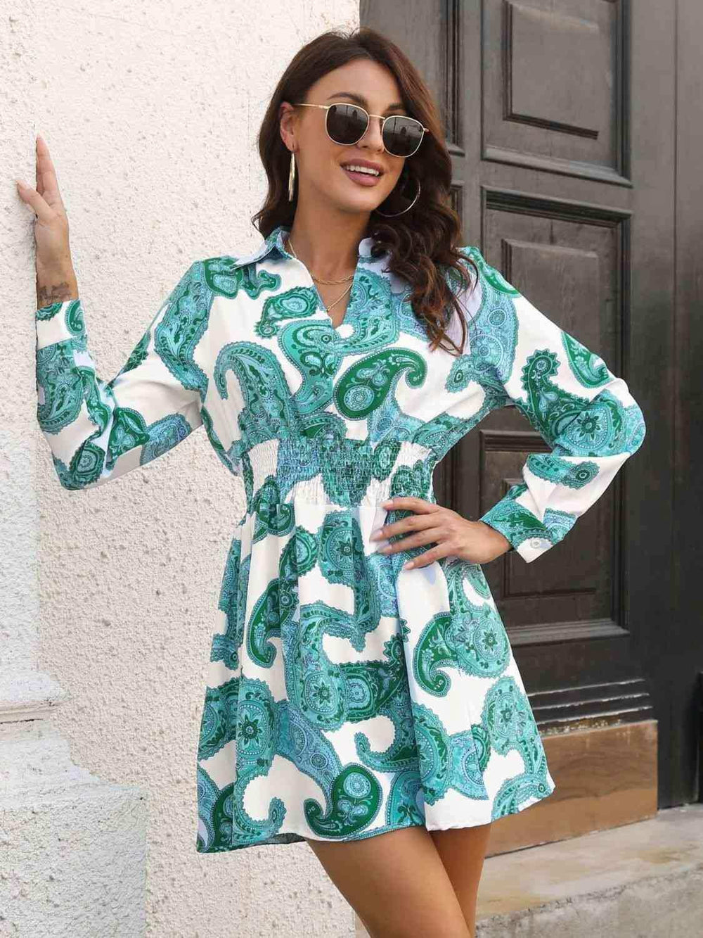 Paisley Print Johnny Collar Smocked Dress - Trendsi - Flyclothing LLC