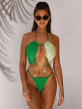 Contrast Halter Neck Chain Detail One-Piece Swimsuit - Trendsi