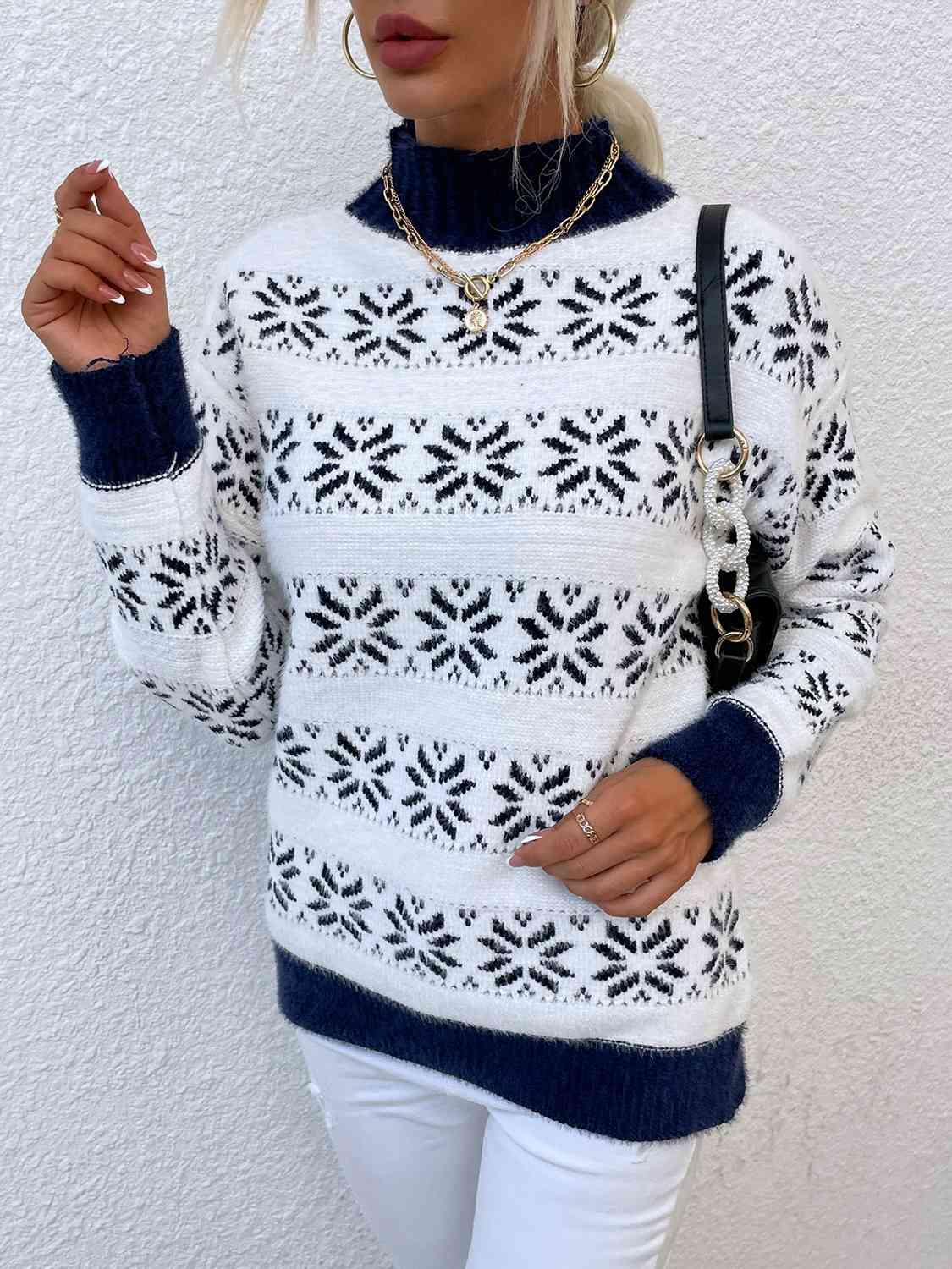 Snowflake Pattern Mock Neck Sweater - Trendsi