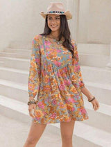 Printed V-Neck Balloon Sleeve Mini Dress - Trendsi - Flyclothing LLC